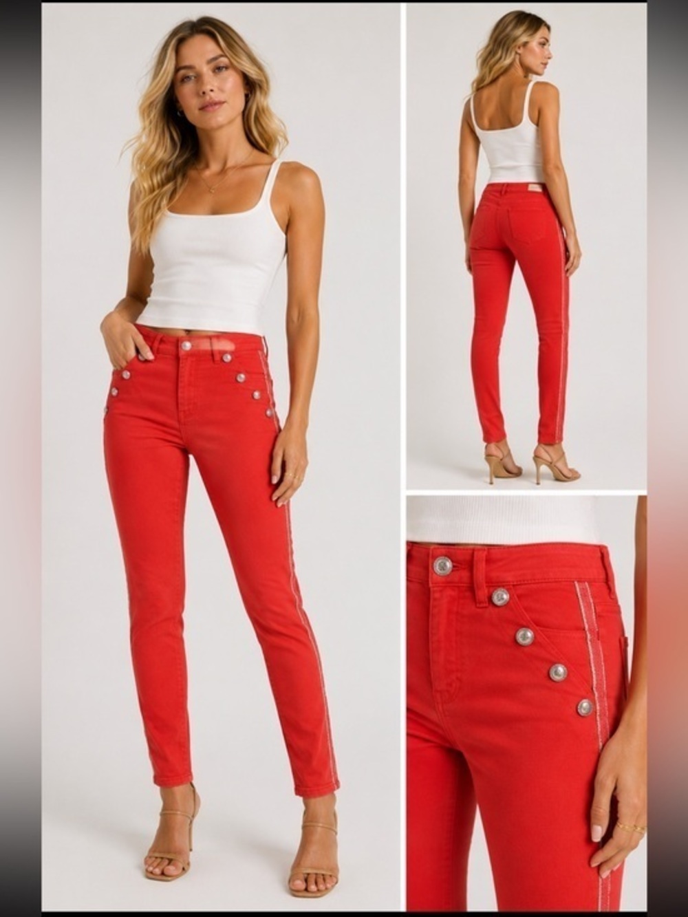 Morgan de Toi Red Military Button Skinny Jeans Size 38 Y2K Paris Chic